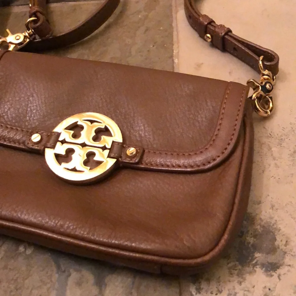 Tory Burch Brown Leather Crossbody Bag with Gold Logo
